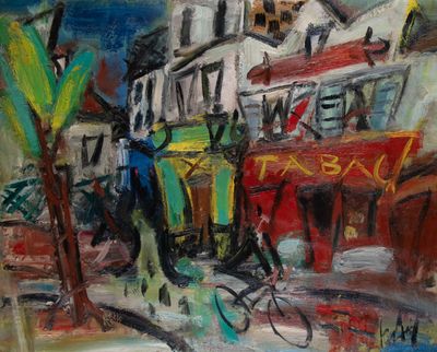 un tableau représentant un homme qui descend la rue à vélo