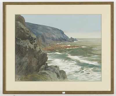 an image of a painting of a rocky coast with waves coming in