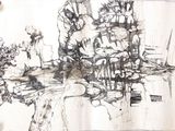 un dessin représentant un groupe de personnes assises à une table