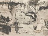 a black and white drawing of a man and a woman in a courtyard
