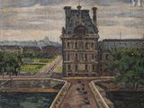 painting of a bridge leading to a building with a clock tower in the background