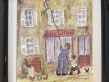 framed picture of a painting of a man and a child in front of a building