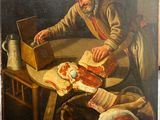 un vieux tableau représentant un homme en train de préparer un repas sur une table
