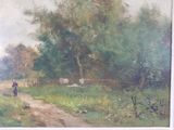 a painting of a woman walking down a dirt road