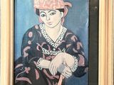 painting of a woman in a pink hat and black dress holding a baseball bat