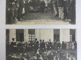 two old black and white photos of a group of men and dogs