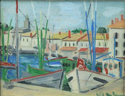 une peinture de bateaux dans un port avec des bâtiments à l'arrière-plan