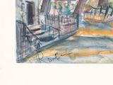 a watercolor painting of a boat on the water