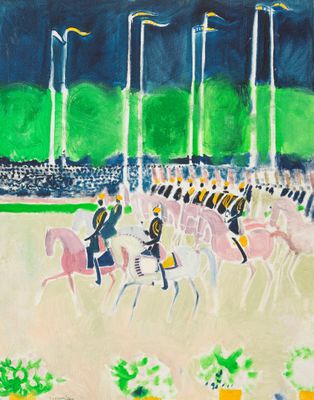 a painting of a group of people riding horses