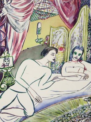 tableau représentant un homme et une femme dans un lit, dans une chambre