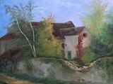 un tableau représentant une maison sur une colline à la campagne