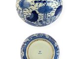 un vase bleu et blanc et une assiette posés sur une surface blanche