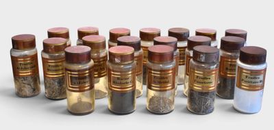 a lot of bottles of different kinds of spices