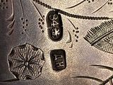 a close up of a metal plate with a design on it