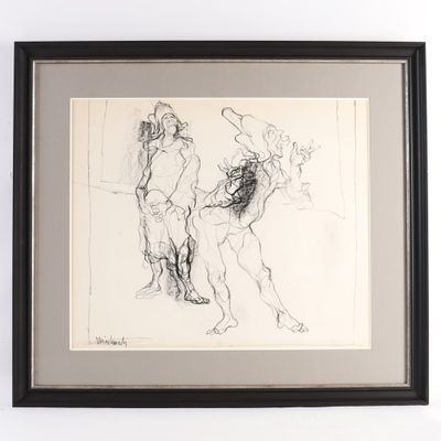 dessin encadré représentant un homme et une femme debout l'un à côté de l'autre