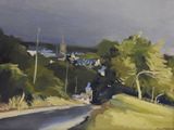 painting of a country road with a church in the distance