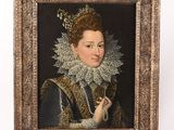 un vieux tableau représentant une femme en robe noire avec un col en dentelle blanche