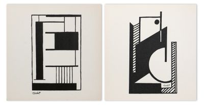 deux tirages en noir et blanc représentant des formes abstraites sur papier blanc