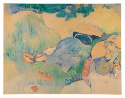 une image représentant un tableau où l'on voit deux femmes allongées dans l'herbe