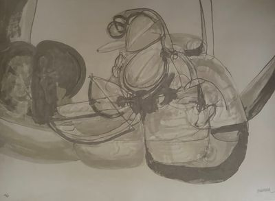 a drawing of a pair of shoes and a bag on a table