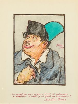 dessin représentant un homme portant un chapeau bleu et un haut-de-forme vert