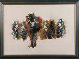 painting of a group of people riding horses in a line