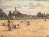 a painting of people in a field with sheep