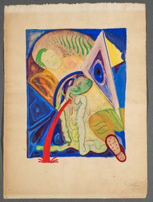 une image représentant un tableau sur lequel figurent une grenouille et un oiseau posés sur une table
