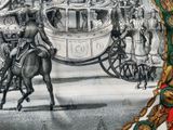 a drawing of a horse drawn carriage being pulled by a man