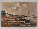 an oil painting of boats on a beach with a house in the background