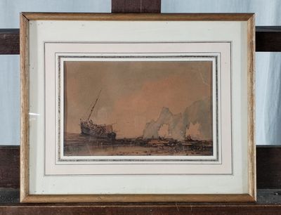 tableau représentant un bateau sur un plan d'eau, avec le ciel en arrière-plan