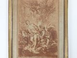 une vieille photo représentant un tableau où l'on voit un homme et une femme dans un décor boisé