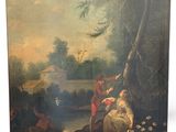 an old painting of a man and a woman in a wooded setting