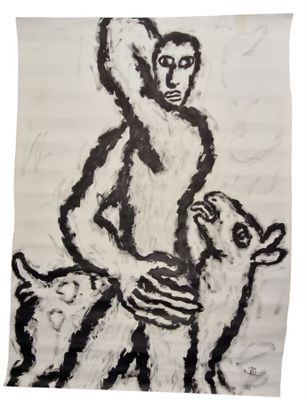 a drawing of a man holding a baby goat