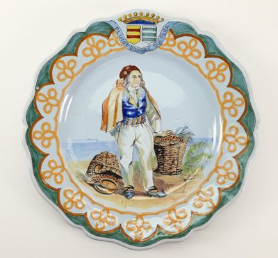 a decorative plate with a picture of a woman carrying a basket