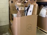 many boxes that are stacked on pallets in a warehouse