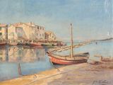 une peinture représentant une scène portuaire avec des bateaux dans l'eau