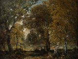 an image of a painting of a horse drawn carriage in a wooded area