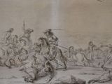 un dessin représentant un homme à cheval devant un groupe de personnes