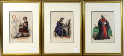 trois tableaux représentant des hommes en habits médiévaux assis à une table