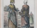 an old drawing of two women standing next to each other