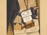 an image of a drawing of a table with a cup of coffee and other items