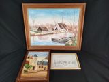 peinture représentant une maison et un bateau sur fond noir