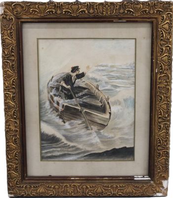 an image of a painting of a man in a boat in the water