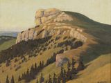 an image of a painting of a mountain with trees in the foreground