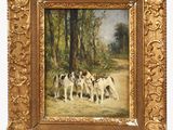 an image of a painting of a group of dogs in a wooded area