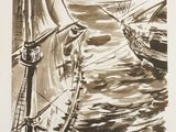 an image of a black and white drawing of a boat in the water