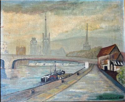 une peinture d'un bateau sur l'eau près d'un pont