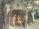 a painting of a nativity scene with angels and a manger