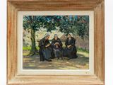 an oil painting of three women sitting on a bench under a tree